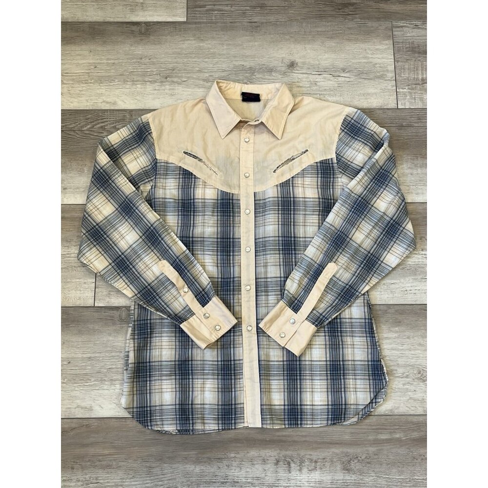 Britannia Plaid Blue Pearl Snap Men’s‎ XL ‘70’s